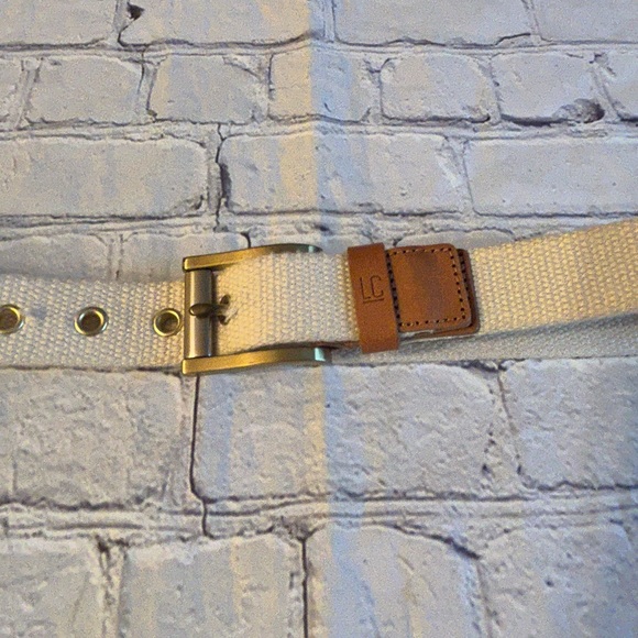 VINTAGE (1999) LIZ CLAIBORNE BEIGE FABRIC/CARMEL LEATHER TRIM BELT SIZE MEDIUM - Picture 2 of 8